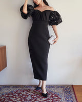 レンタルドレス|Badgley Mischka|ブラック|パール刺繍|ミディ丈|結婚式お呼ばれ