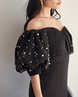 レンタルドレス|Badgley Mischka|ブラック|パール刺繍|ミディ丈|結婚式お呼ばれ