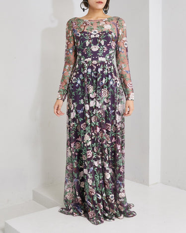 Marchesa Notte 刺繍 チュール パープル ドレス 全身 正面