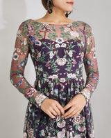 Marchesa Notte 刺繍 パープル ドレス 上半身 正面 - ボートネック