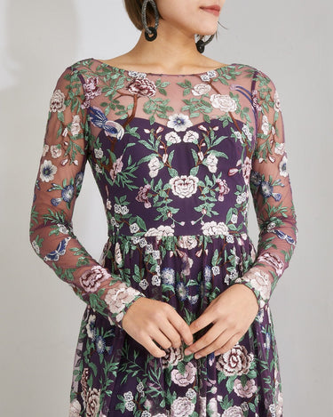 Marchesa Notte 刺繍 パープル ドレス 上半身 正面 - ボートネック