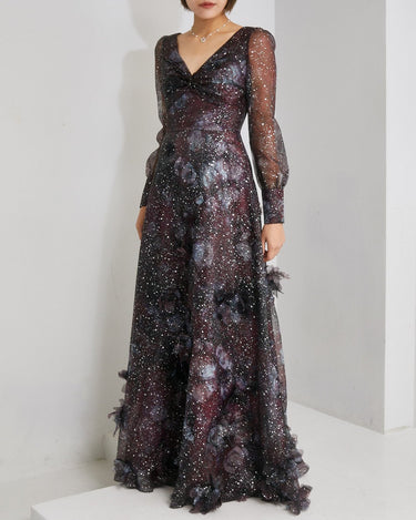 Marchesa Notte プラム ドレス 正面 全身 - 上品なフォーマル