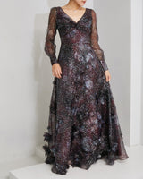 Marchesa Notte プラム フラワー プリント ドレス 全身 正面 - 結婚式・パーティ