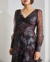 Marchesa Notte プラム ドレス 上半身 正面 - Vネック・パフ袖