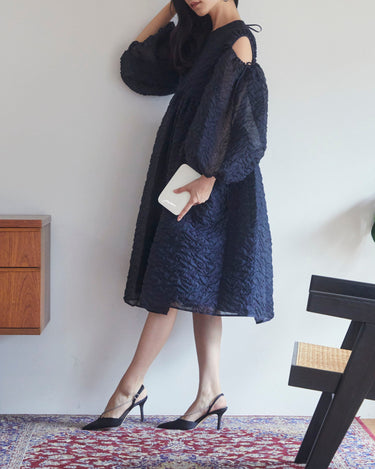 レンタルドレス|Cecilie Bahnsen|ネイビー|ミディ丈|結婚式お呼ばれ