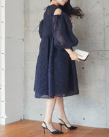 レンタルドレス|Cecilie Bahnsen(セシリーバンセン)|ネイビー|シフォン|ミディ丈|結婚式お呼ばれ