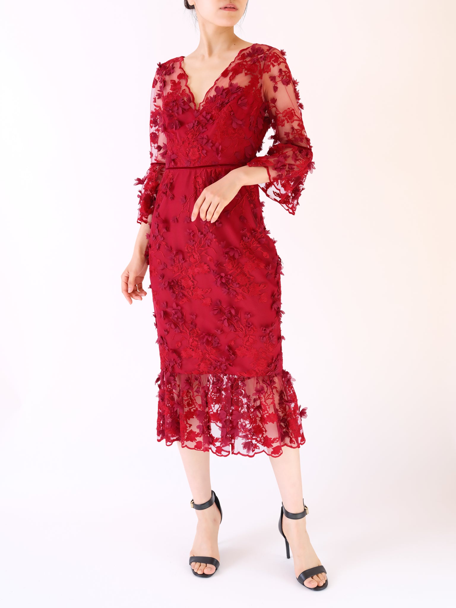 ドドバーオア【DODO BAR OR】 nylon floral lace DRESS 赤