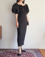 レンタルドレス｜Badgley Mischka｜ブラック｜パール刺繍｜ミディ丈｜結婚式お呼ばれ