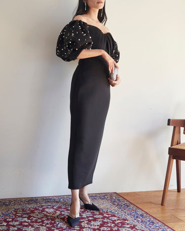 レンタルドレス｜Badgley Mischka｜ブラック｜パール刺繍｜ミディ丈｜結婚式お呼ばれ