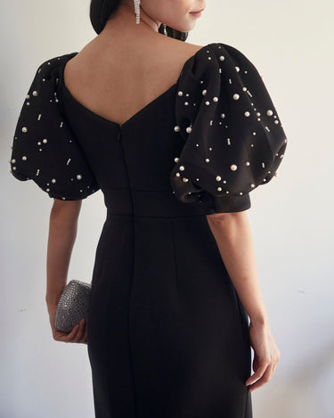 レンタルドレス｜Badgley Mischka｜ブラック｜パール刺繍｜ミディ丈｜結婚式お呼ばれ