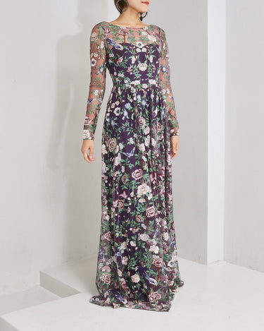 Marchesa Notte 刺繍 チュール ドレス 全身 斜め - 華やか刺繍