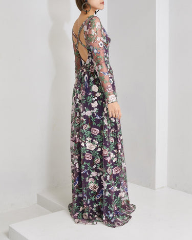 Marchesa Notte 刺繍 チュール ドレス 全身 後ろ - オープンバック