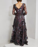 Marchesa Notte プラム ドレス 全身 後ろ姿 - 花柄プリント