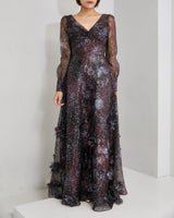 Marchesa Notte プラム フラワー プリント ドレス 全身 正面 - 結婚式・パーティ