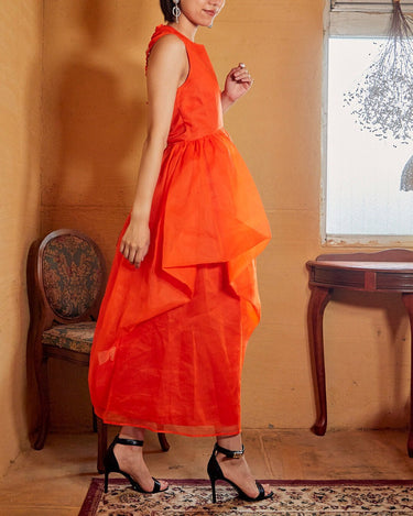 open lace back dress Cecilie Bahnsen 結婚式・パーティードレス｜オレンジのドレープドレス – Rentable Runway