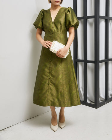レンタルドレス｜Ganni｜深みグリーン｜ミディ丈｜結婚式お呼ばれ