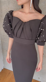 レンタルドレス｜Badgley Mischka｜ブラック｜パール刺繍｜ミディ丈｜結婚式お呼ばれ