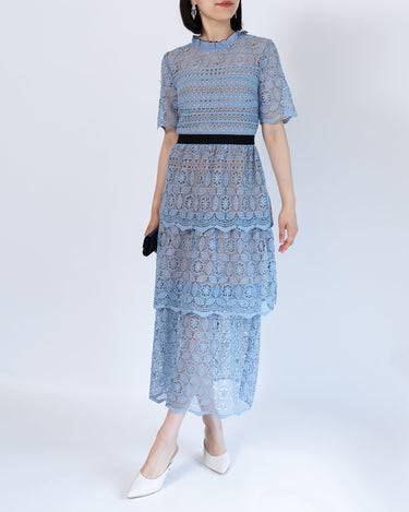 レンタルドレス｜Self-Portrait｜水色｜レース｜ミディ丈｜結婚式お呼ばれ