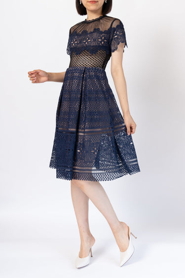 レンタルドレス｜Self-Portrait｜ネイビー｜ミディ丈｜結婚式お呼ばれ