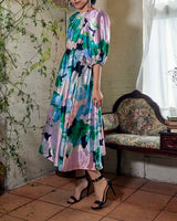 レンタルドレス｜Stine Goya｜ピンク×グリーン｜花柄｜ミディ丈｜結婚式お呼ばれ