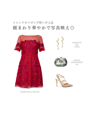 ドットチュール 草花刺繍 ハーフスリーブ ドレス