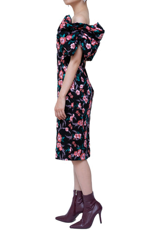 草花刺繍 オフショルダー リボン チュール シースドレス