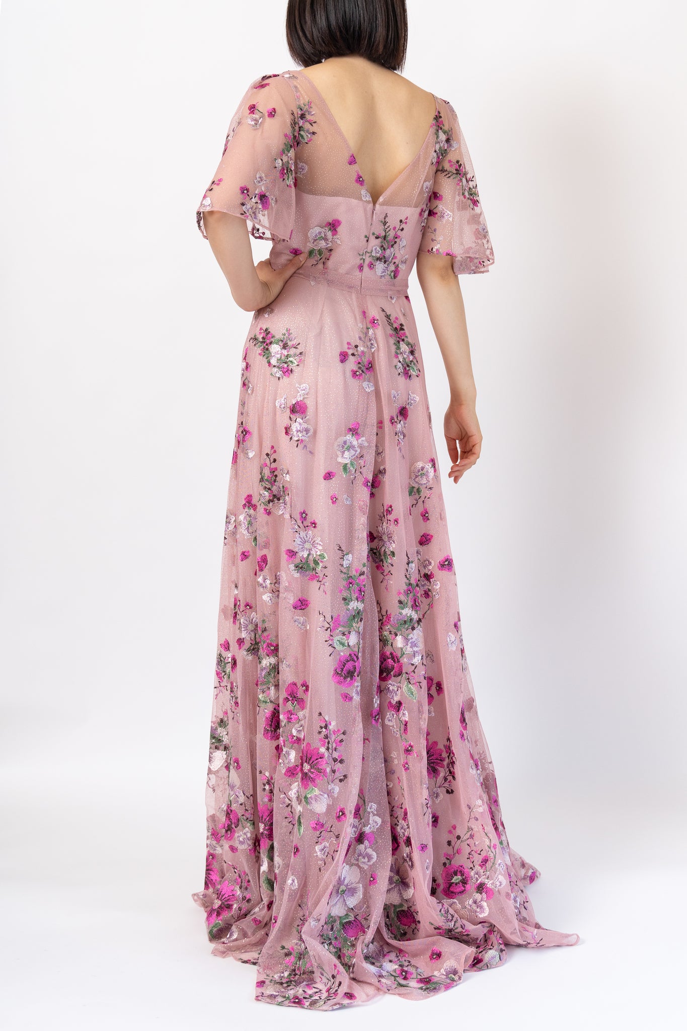 グリッターチュール 草花刺繍フレアスリーブドレス