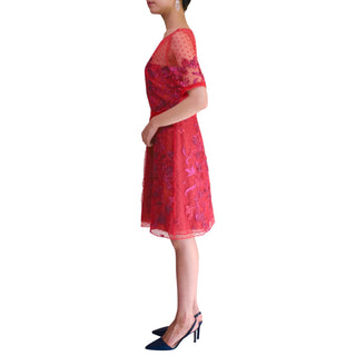 ドットチュール 草花刺繍 ハーフスリーブ ドレス